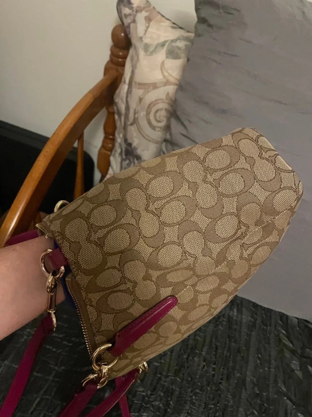 Coach Brown Signature Canvas Shoulder Bag with Raspberry Trim - Picture 16 of 17